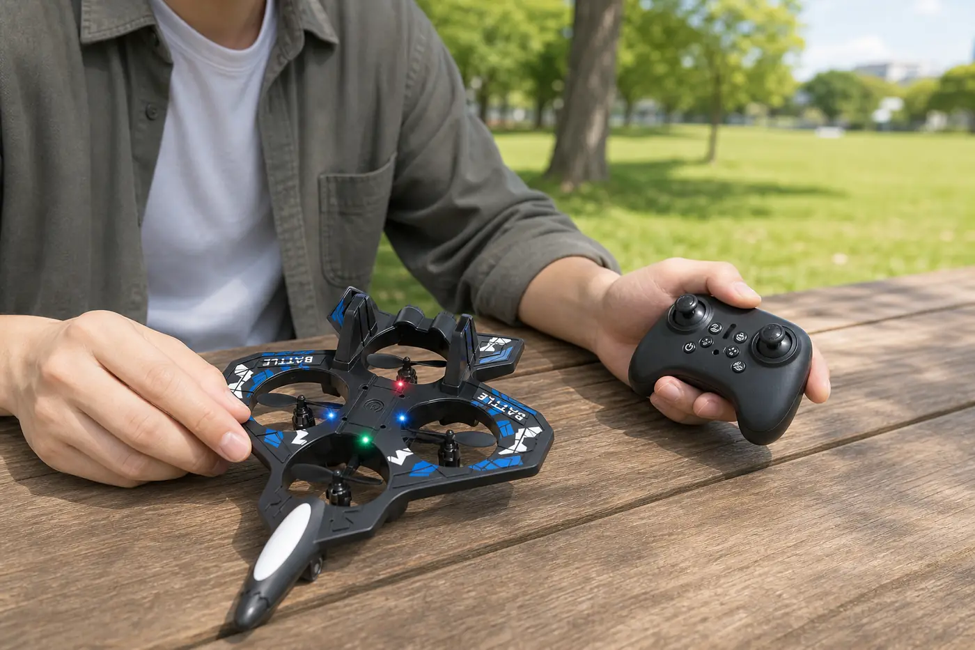 Compact M33 toy aircraft and remote controller ready for a park flight