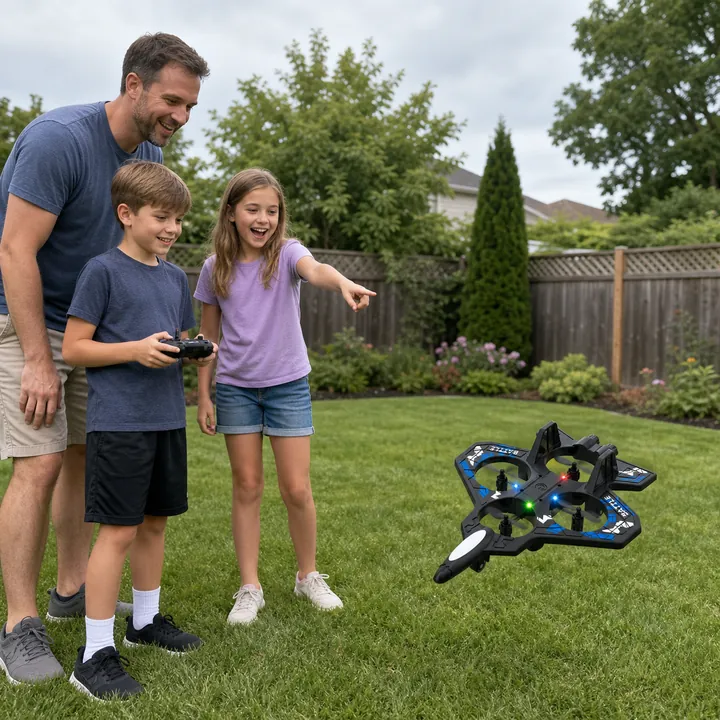 AI-created local demo scene of a parent supervising two children playing with Rouyuan Fly