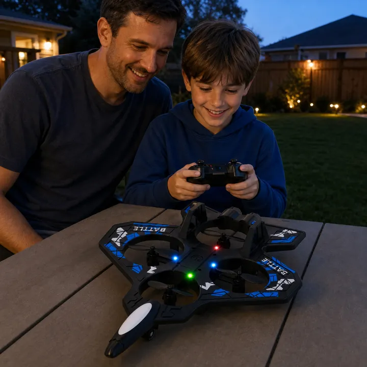 AI-created local demo scene of a parent and child viewing the Rouyuan Fly LEDs at dusk