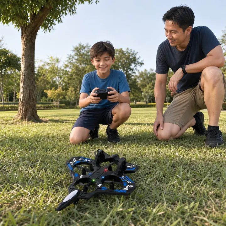 AI-created local demo scene of a parent supervising a child with Rouyuan Fly in a park