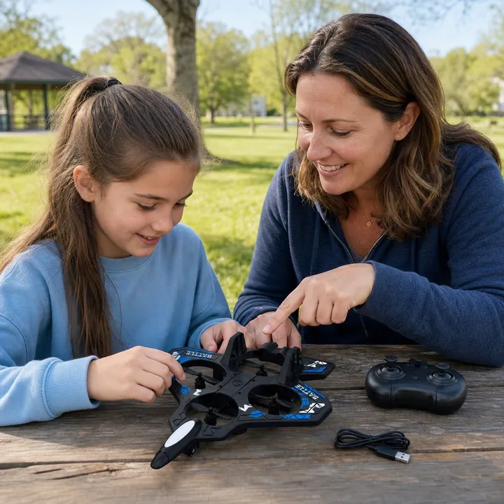 AI-created local demo scene of a parent and child preparing Rouyuan Fly at a park table